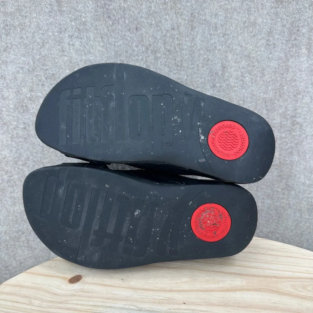 FitFlop Freeway Pool Slides Mens 8 Black Leather Comfort Sandals